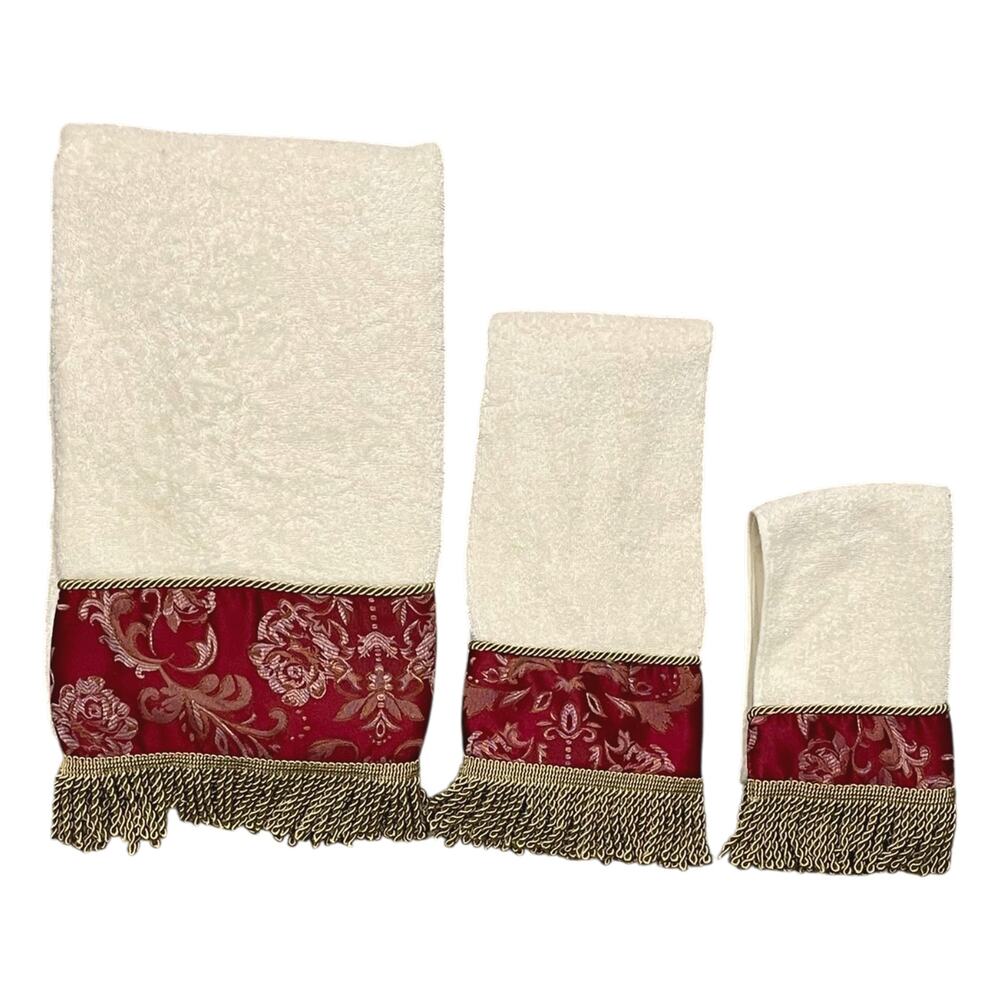 Croscill Burgundy Gold 3 Pc Hand & Bath Towel Set Tassel Fringe Damask Rose